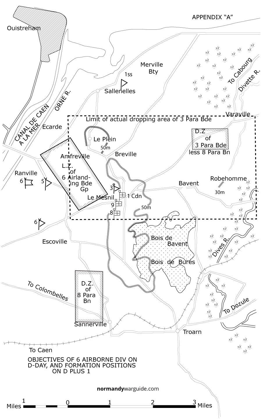 Map trace showing Objectives of 6 Airborne Div on D-Day, and formation positions on D plus 1