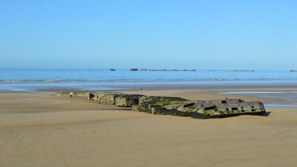 Remains of the Mulberry Harbour off Arromanches-les-Bains on the Normandy coast.