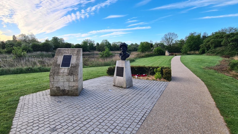 Memorials marking where the gliders landed for the Coup de Main assault on Pegasus Bridge