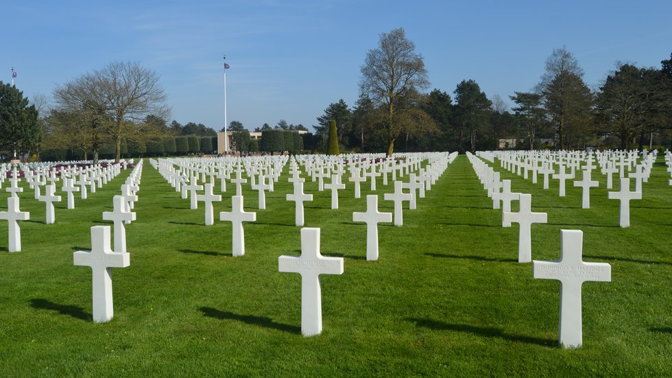 Rows of white crosses at the Normandy American Cemetery