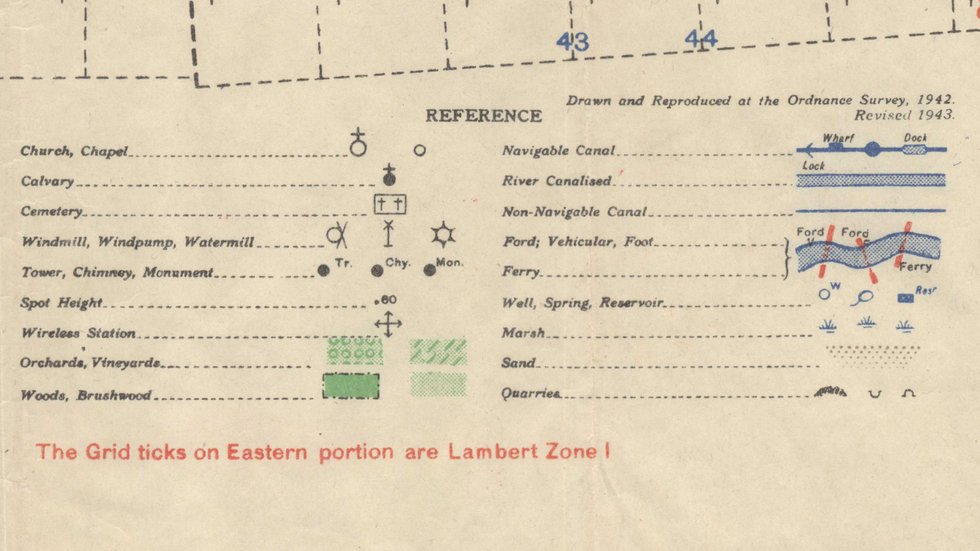 Photo of the GSGS 4250 map reference section showing symbols for natural features, vegetation, and water bodies