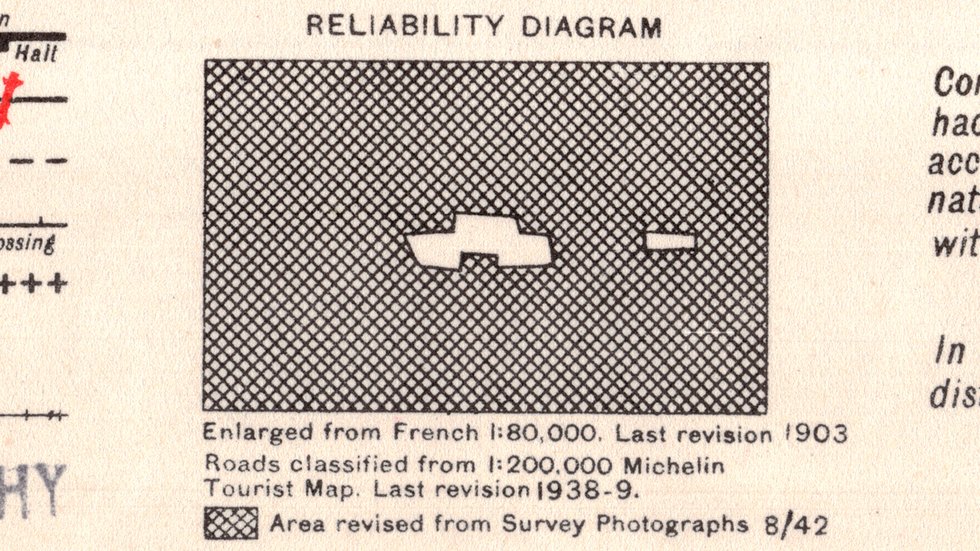 Image of the GSGS 4250 map’s reliability diagram showing areas revised from aerial photographs and sections not updated