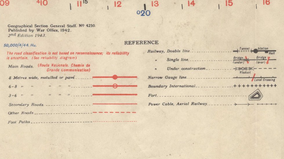 Photo of the GSGS 4250 map reference section showing classifications for roads, railways, and other transport features