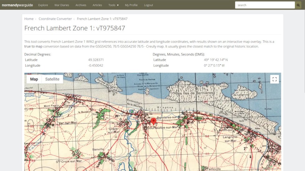 Screenshot of a website interface used to convert World War II British military grid references