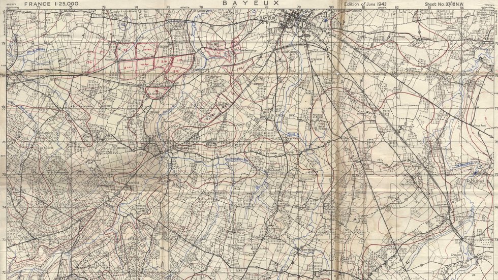 GSGS 4347 1:25,000 scale British Army map sheet of Bayeux, Normandy, used during the D-Day campaign