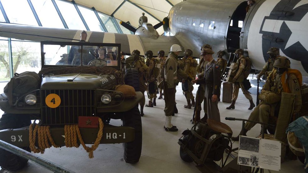 Douglas C-47 transport aircraft on display at the Airborne Museum in Sainte-Mère-Église