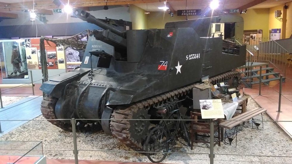 Sexton self-propelled artillery vehicle on display inside the Museum of the Battle of Normandy in Bayeux