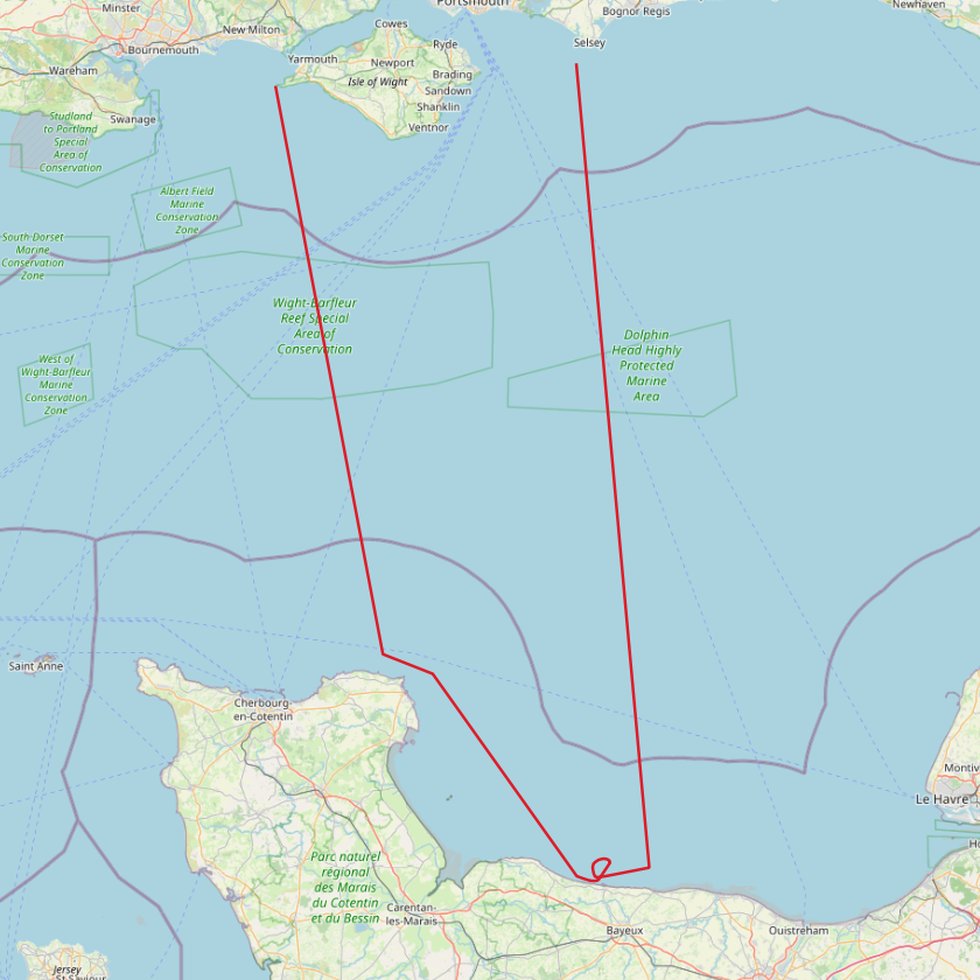 Route taken by MTB 344 on the night of 12–13 September 1942, based on the after-action report by Captain Appleyard (ADM 179/227)