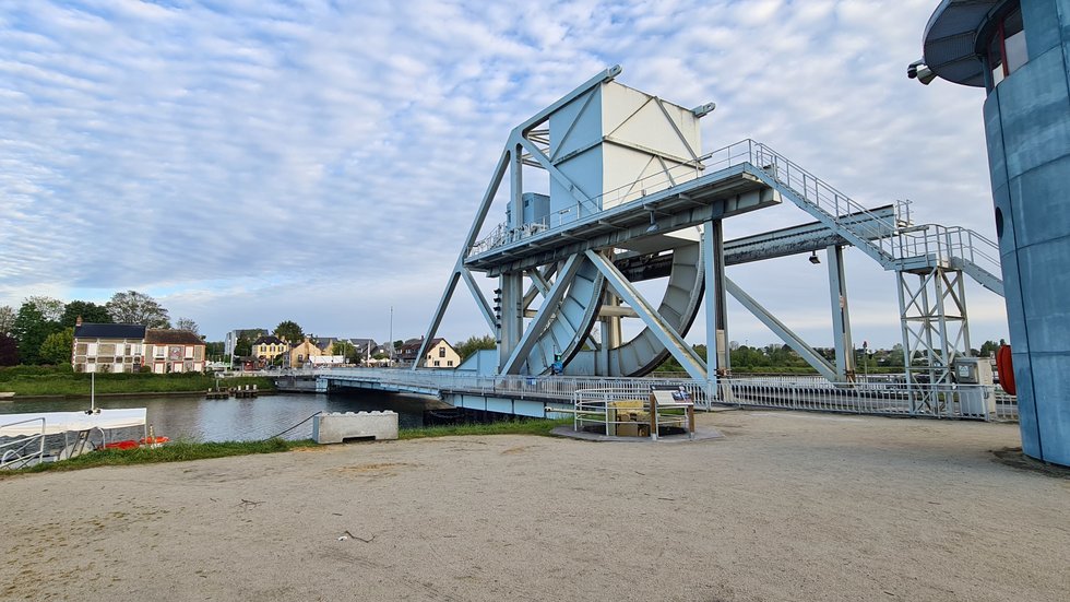 The modern lifting bridge at Bénouville, built in the same style as the original Pegasus Bridge