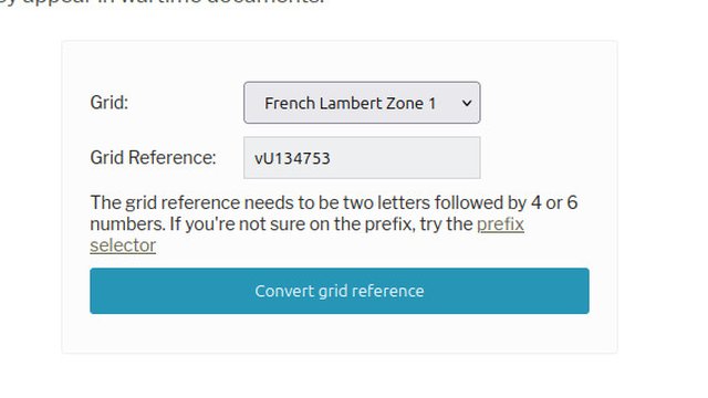 The Normandy War Guide coordinate converter form with a war diary grid reference entered
