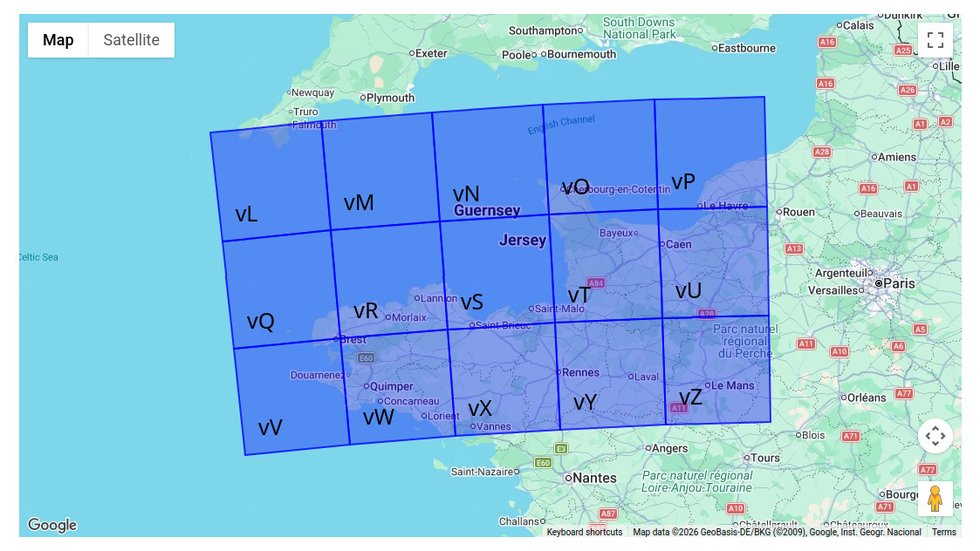 The converter's square lookup tool, showing a map of Normandy with the 100km grid squares and their two-letter prefixes overlaid