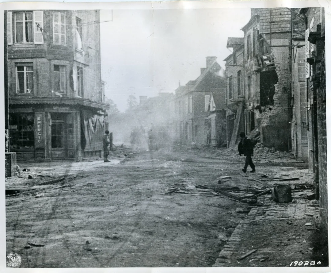 Sainte-Mère-Église Rue Division LeClerc, damaged buildings, 1944