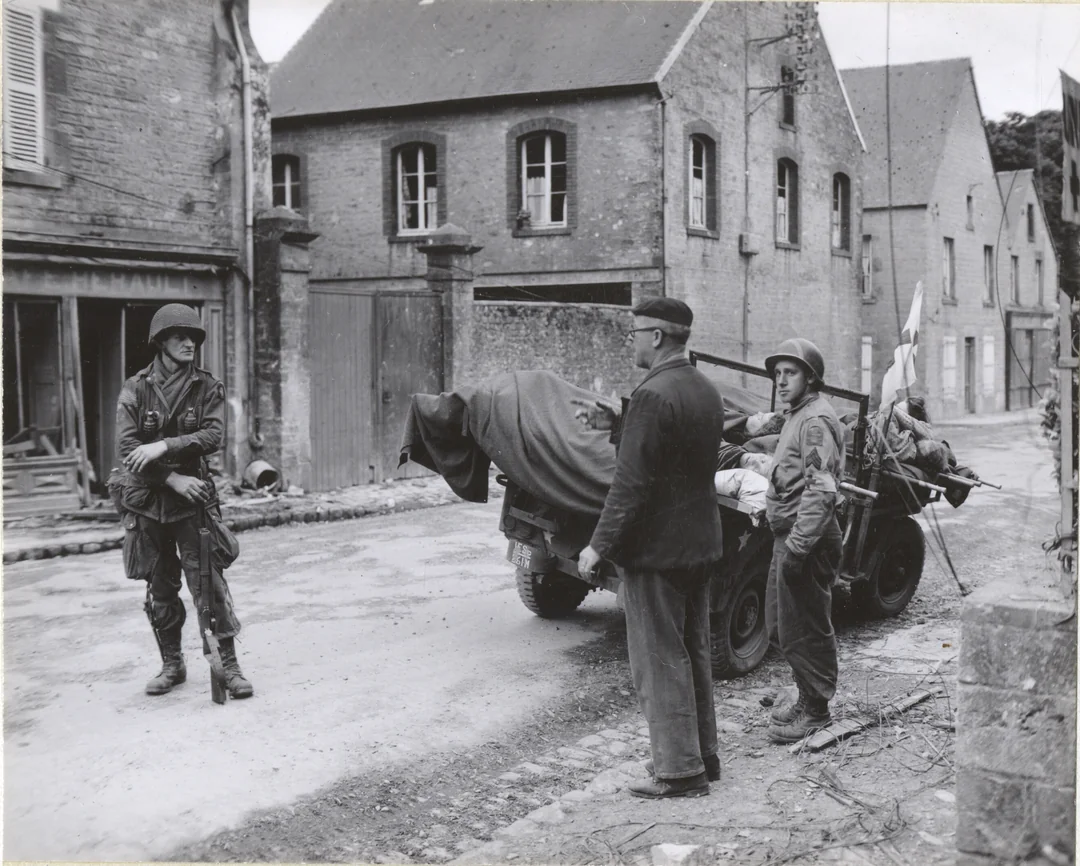 1944, Saint Mere Eglise, wounded being taken to hospital on jeep