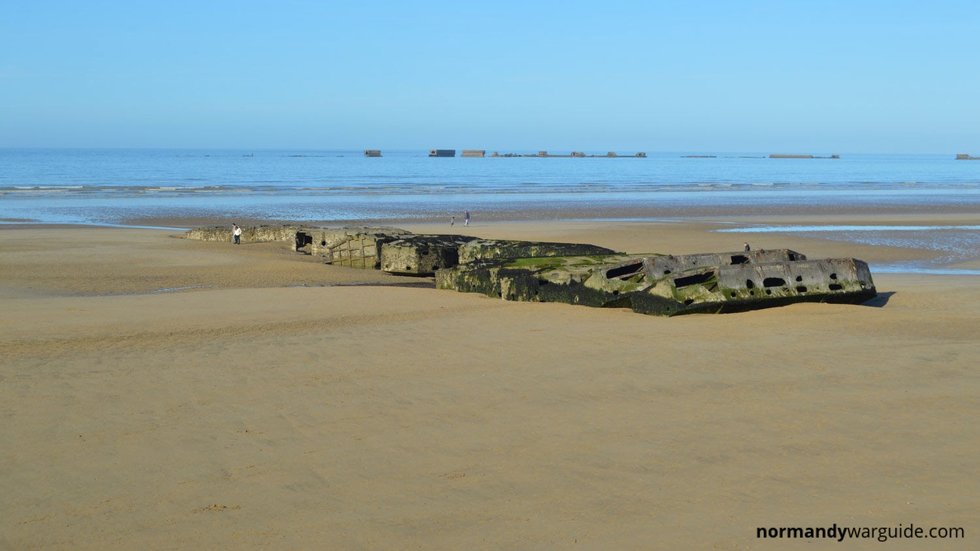 Remains of the Mulberry Harbour off Gold Beach at Arromanches-les-Bains, Normandy