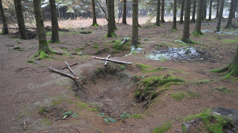 Foxholes, re-dug since the war, in the Bois Jacques near Foy, Belgium, where Easy Company held the line in the winter of 1944 to 1945