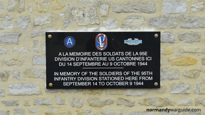 Close-up view of the 95th Infantry Division memorial at Mairie de Mandeville-en-Bessin