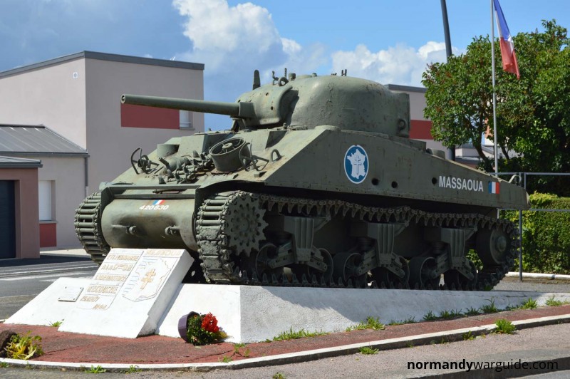 Sherman tank “Massaoua” at the entrance to Écouche where is was hit by enemy fire during the towns liberation
