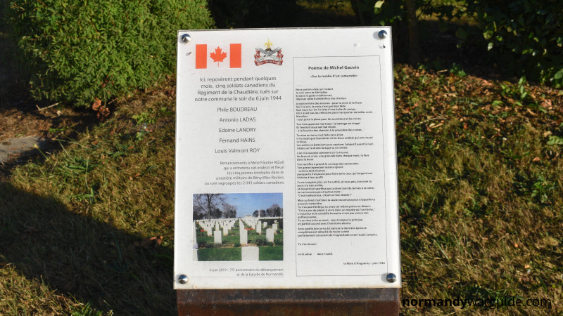 Close-up of the Régiment de la Chaudière temporary burial plaque in Colomby-Anguerny